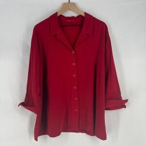 Tianello Aida Blouse Womens‎ 1X Red Oversized Fit Fashion Camp Collar Button Up